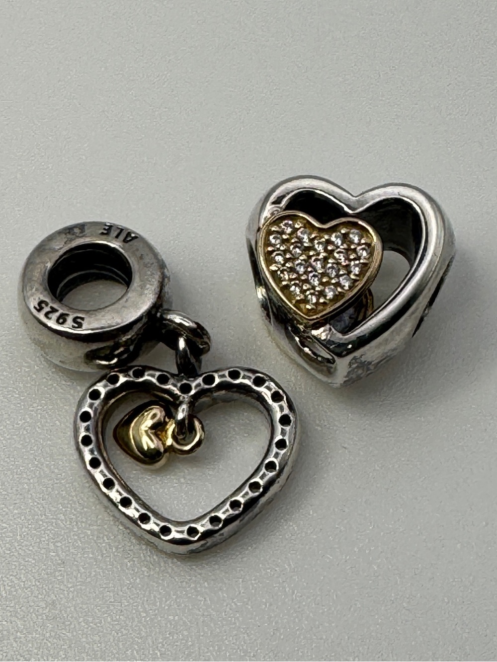 Authentic Pandora Two-Tone Heart Charms (Lot of 2) S925 ALE